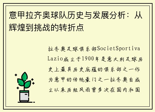 意甲拉齐奥球队历史与发展分析：从辉煌到挑战的转折点